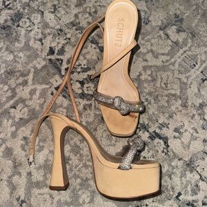 SCHUTZ Beige Platform Heels with Glittering Silver Straps